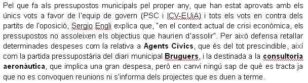 Nota de prensa del PPC de Gavà donde explican que han solicitado recortar el gasto destinado a la consultoría aeronáutica del Ayuntamiento de Gavà (24 Octubre 2008)